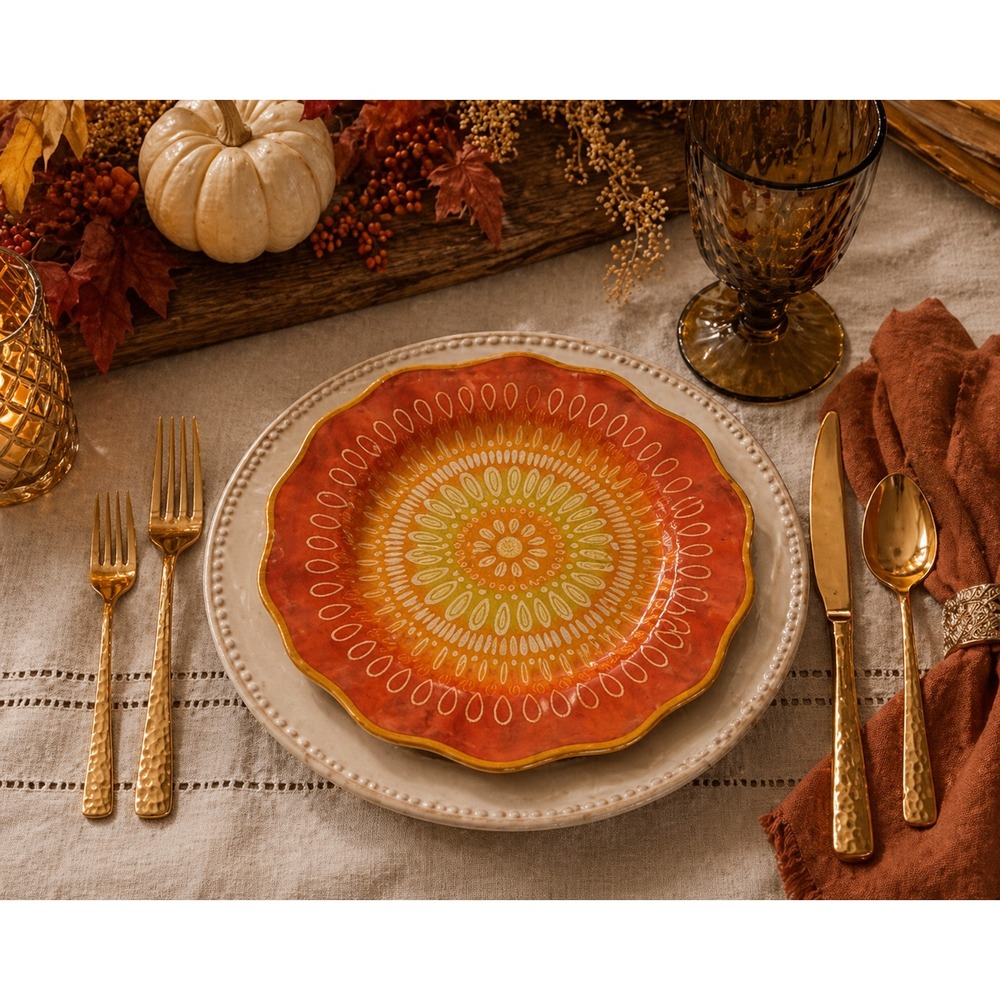 Cynthia Coulter Melamine Salad Plates Set of 8 Orange Mandala Scalloped 9" Boho